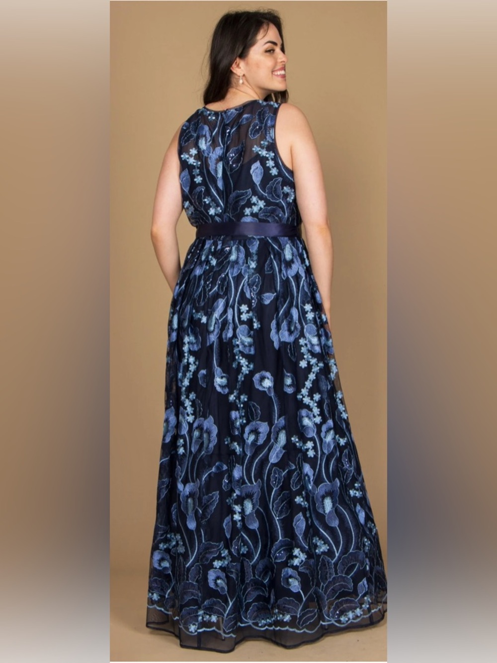 R&M Richards Navy and Light Blue Floral Embroidered Maxi Dress